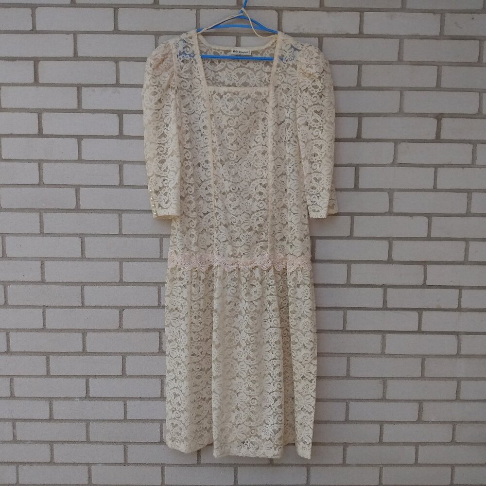 Vintage Ivory Sheer Lace Dress by Holt Renfrew Long Sleeves Drop Waist 37"B 34"W